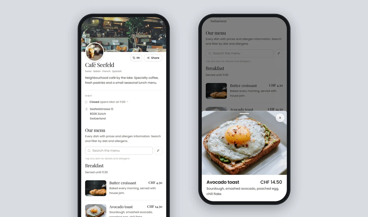 What diners see, menu and dish details