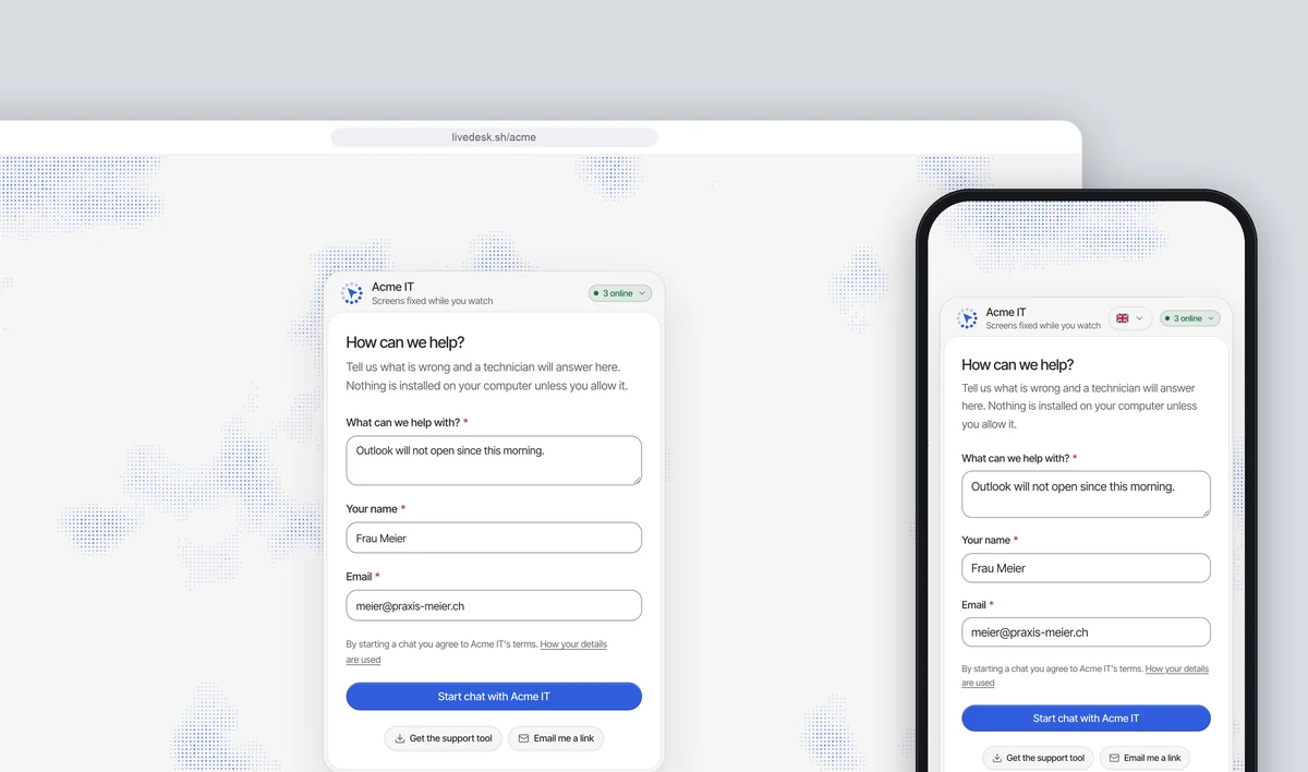 Branded support page on desktop and phone