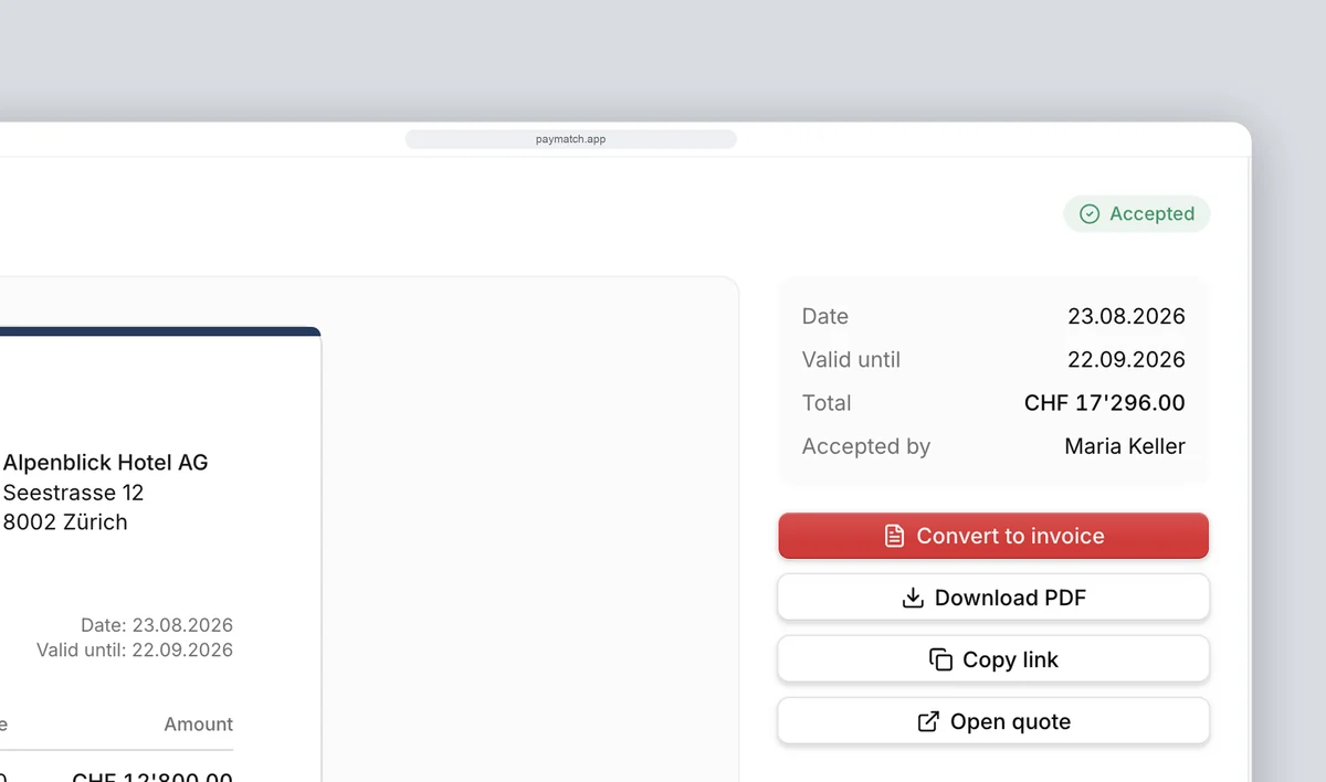Accepted quote, one click to invoice